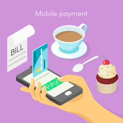 Vector isometric 3d concept for mobile online payment.