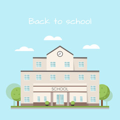 Vector illustration of school building clouds and trees.