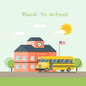 Vector illustration of school building and bus.