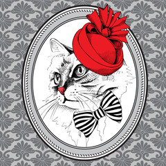 Picture in frame with portrait of a cat in red Elegant royal hat with bow. Vector illustration.