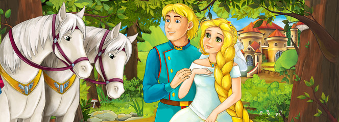 Obraz na płótnie Canvas Cartoon scene with cute royal charming couple on the meadow - beautiful manga girl - illustration for children