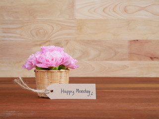 Handwriting Happy Monday and pink Carnation flower 2