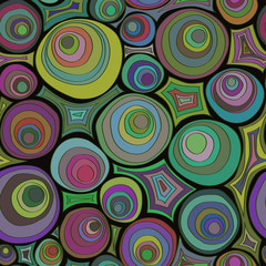Fototapeta na wymiar Hand drawn doodle seamless pattern with circles ornament. Crazy color palette. Psychedelic concentric circles.