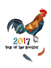 Color cock on white background looking at right. Chinese calendar Zodiac for 2017 New Year of red fire rooster. Isolated vector silhouette made in paper cut style.