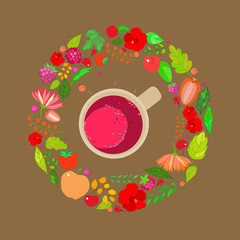 Illustration of red tea cups on top in a frame of leaves, berries and flowers of red, orange and green colors on a brown background. Vector
