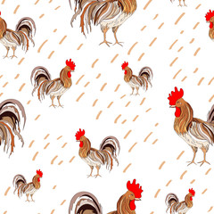 illustration, pattern depicting colored rooster on a white background. Vector