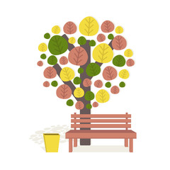 Autumn tree and bench to the trash. Vector illustration. 