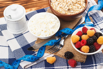 Portion of oatmeal in the bowl with different berries