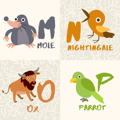 Cute Animal Alphabet Set : Letter M,N,O,P : Vector Illustration