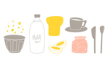 Cartoon set of breakfast food. Kitchen hand drawn vector elements