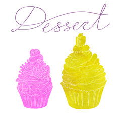 illustration with the image of two cakes made watercolor silhouette of pink and yellow. Dessert inscription. Watercolor