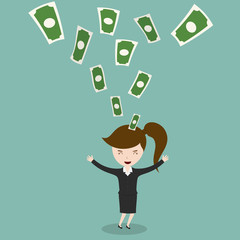 Happy young businesswoman enjoying money rain.