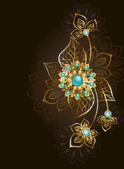 Jewelry gold jewelry made in oriental style, decorated with turquoise on a dark, brown background. Jewelry Design. Gold Jewelry. Oriental pattern. Boho Style.
