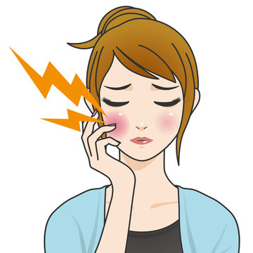 woman's toothache, hurts of bad tooth, stomatitis, mouth ulcer, periodontal disease, vector illustration