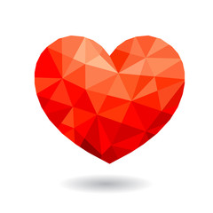 Naklejka na ściany i meble Abstract polygonal heart. Red origami heart isolated on white background with shadow. Vector Illustration. Low-poly colorful style. Romantic background for Valentines day.