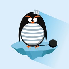Vector penguin on the ice. The offender in shackles. Flat style