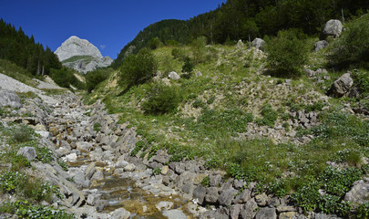 Fototapeta na wymiar The alpine scenery along the Mangrt Road on Mangrt mountain, the third highest peak in Slovenia. 