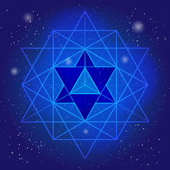 Sacral geometry design with polygon on background of space and stars. Magic symbol, mystical crystal. Spiritual graphic.