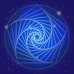 Sacral symbol in the space, on deep blue sky with stars. Spiritual design. The corridor of time in universe.