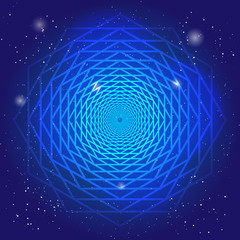 Sacral symbol in the space, on deep blue sky with stars. Spiritual design. The passage of time in universe.