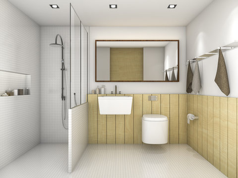 3d rendering toilet with mosaic tile and wood decoration