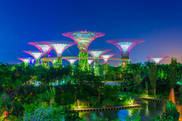 Night view of The Super Tree Grove at Gardens by the Bay in Singapore. Spanning 101 hectares, and five-minute walk from Bayfront MRT Station.