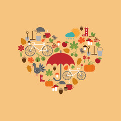 autumn flat icons arrange in the form of heart, vector for design