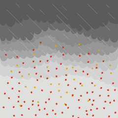 Stormy autumn sky with rain and falling leaves.