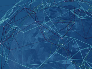 Abstract background lines, connected dots and geometric shapes. 3D illustration.