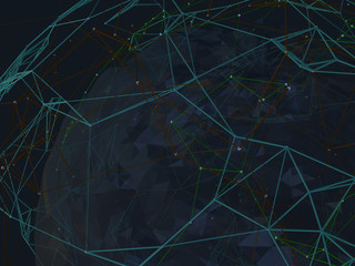 Abstract background lines, connected dots and geometric shapes. 3D illustration.