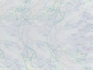 Abstract background lines, connected dots and geometric shapes. 3D illustration.