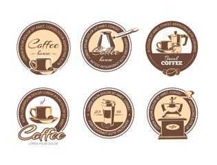 vector set of monochrome coffee emblems, labels, badges logos.