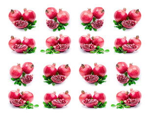 Ripe pomegranates with leaves