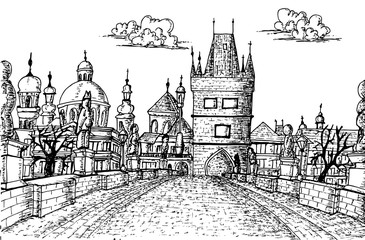 Obraz premium Old Prague Charles Bridge Sketch, Hand drawn vector isolated on white