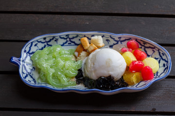 Ice cream Asian Dessert . Thai dessert, lodchong, Grass Jelly, Palm Seed and Mock pomegranate seeds.