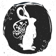 Vector typography poster with standing hare or rabbit. Be Happy © julymilks