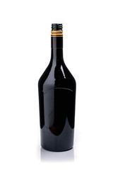 A sleek black bottle placed against a stark white background, showcasing modern design and minimalism. The simple composition highlights the elegance and versatility of the product.