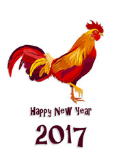 Color fire cock on white background looking at right. Chinese calendar Zodiac for 2017 New Year of red rooster. Isolated vector silhouette made in paper cut style.