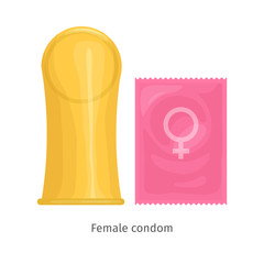 Contraception method - female condom. Woman contraceptive icons set. Safe sex. Disease prevention and birth control. Planning pregnancy. Flat vector illustration isolated on white background