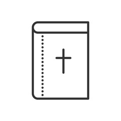 Holy Bible flat icon. Symbol of Christianity religion. Christian book with cross. Vector outline illustration isolated on white background. Thin line style.