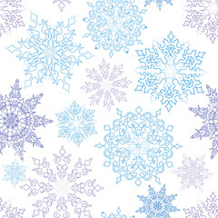 Snow winter holiday background. Snowflakes texture. Blue snow falling on white background gentle seamless pattern. Christmas ornament.