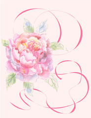 Винтажное цветочное свадебное приглашение. Изображение пиона, Летняя цветочная открытка.