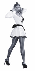 Beautiful sexy maid wearing pantyhose fishnet. Conceptual fashion art. Isolate. Studio, high key. Seductive candid pose. Sex. 3D render illustration. Old black and white textured paper.