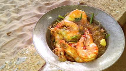 Shrimp vermicelli on beach