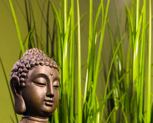 Buddhastatue, Kopf im Vordergrund  grünen schmalen Blätter im Hintergrund