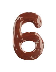 Number six made of liquid chocolate, isolated on white