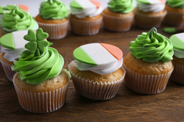 Tasty cupcakes, closeup. Saint Patrics Day concept