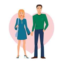 Young couple, family, standing, holding hands with smiles on their faces. Color, vector, isolated, for cards, greetings, engagement, valentine.