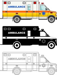 Different kind ambulance cars isolated on white background in flat style: colored, black silhouette and contour. Vector illustration.