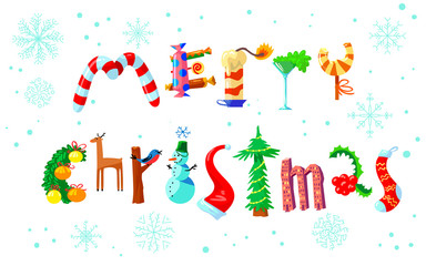 Fototapeta premium Merry Christmas hand drawing lettering. The letters silhouettes as Christmas decorations and objects